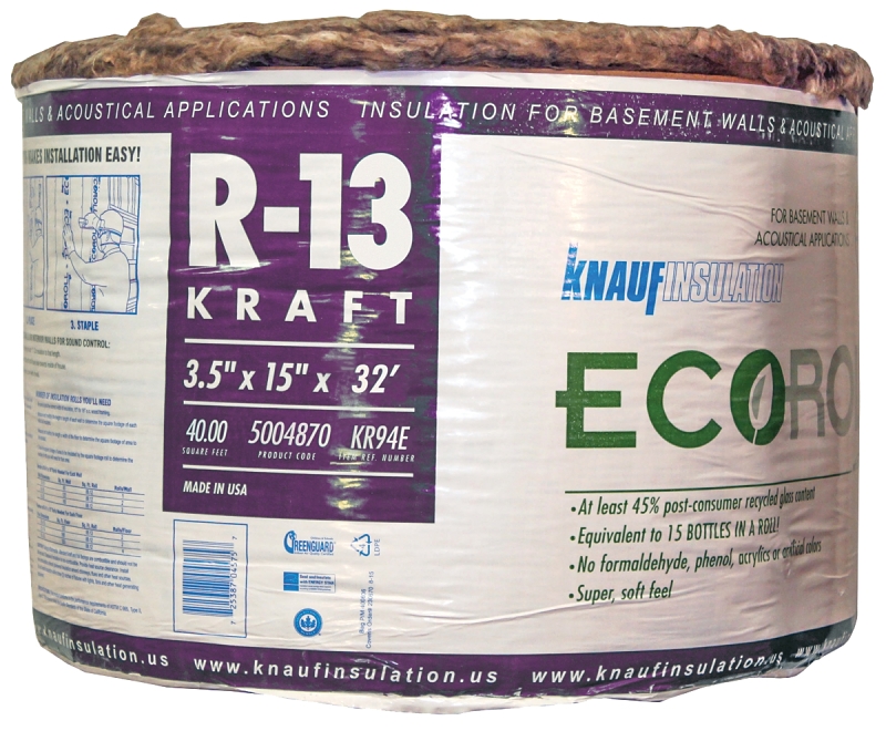 Insulation Fiberglass R13 Covers 32 Sq Ft. Kraft 15&quot; x 32&#39; Roll
