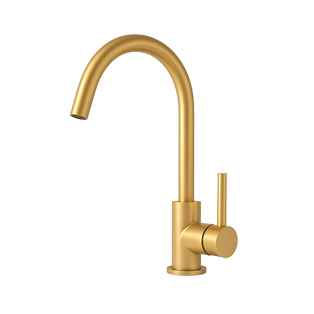 87088 Tavo, Single Handle Kitchen Faucet Curved Spout Satin Brass With Plate For 3 Hole Sink