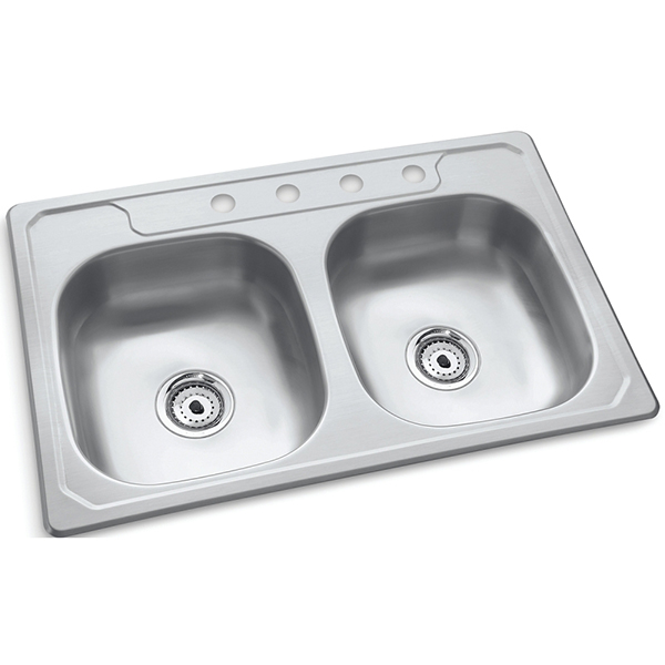 88047 Kitchen Double Sink 33" X 22" 4 Hole, 6" Deep With Clips, Stainless Steel